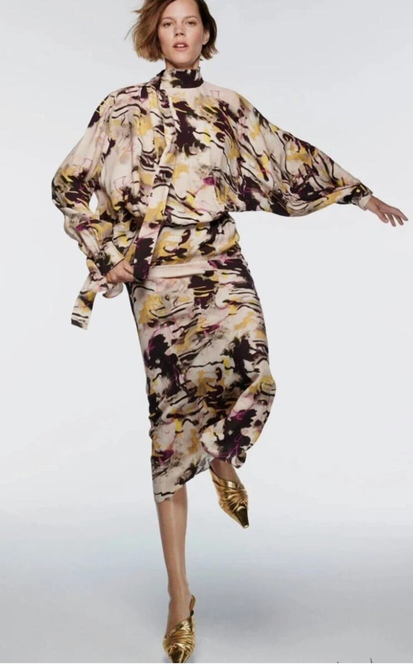 ZARA Limited Edition Mock Neck Long Sleeve Printed Maxi Dress SIZE S